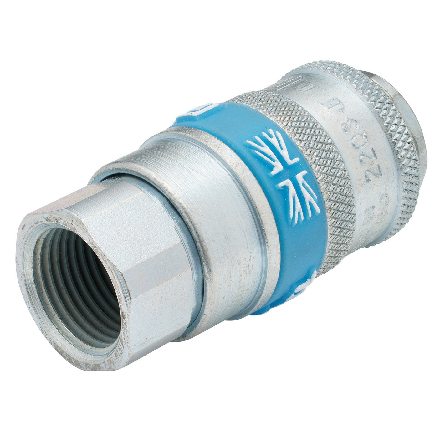 A close-up image of the Draper 3/8" Female Thread Pcl Parallel Airflow Coupling (Sold Loose) - A21EF02 BULK showcases its metallic quick-release air hose design with a blue label and threaded end. The coupling features a textured grip surface and marked specifications, making it ideal for compressed air applications.