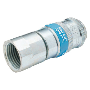 A close-up view of the Draper 1/2" Female Thread Pcl Parallel Airflow Coupling (Sold Loose) - A21JF02 BULK, a metallic connector designed for compressed air applications, featuring a blue band with a white symbol.