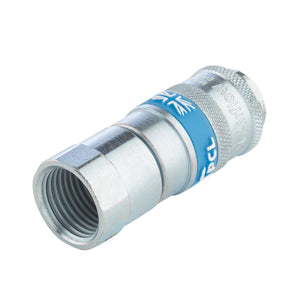 The Draper 1/2" Female Thread Pcl Parallel Airflow Coupling - A21JF02 PACKED is a metallic coupling with threaded ends, adorned with a striking blue band and a small British flag, making it perfect for compressed air applications.