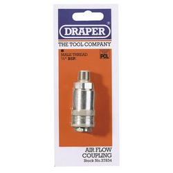 A packaged Draper 1/4" Male Thread Pcl Tapered Airflow Coupling (A21CM02), designed for compressed air applications. The packaging is labeled "Air Flow Coupling" and features stock number 37834.