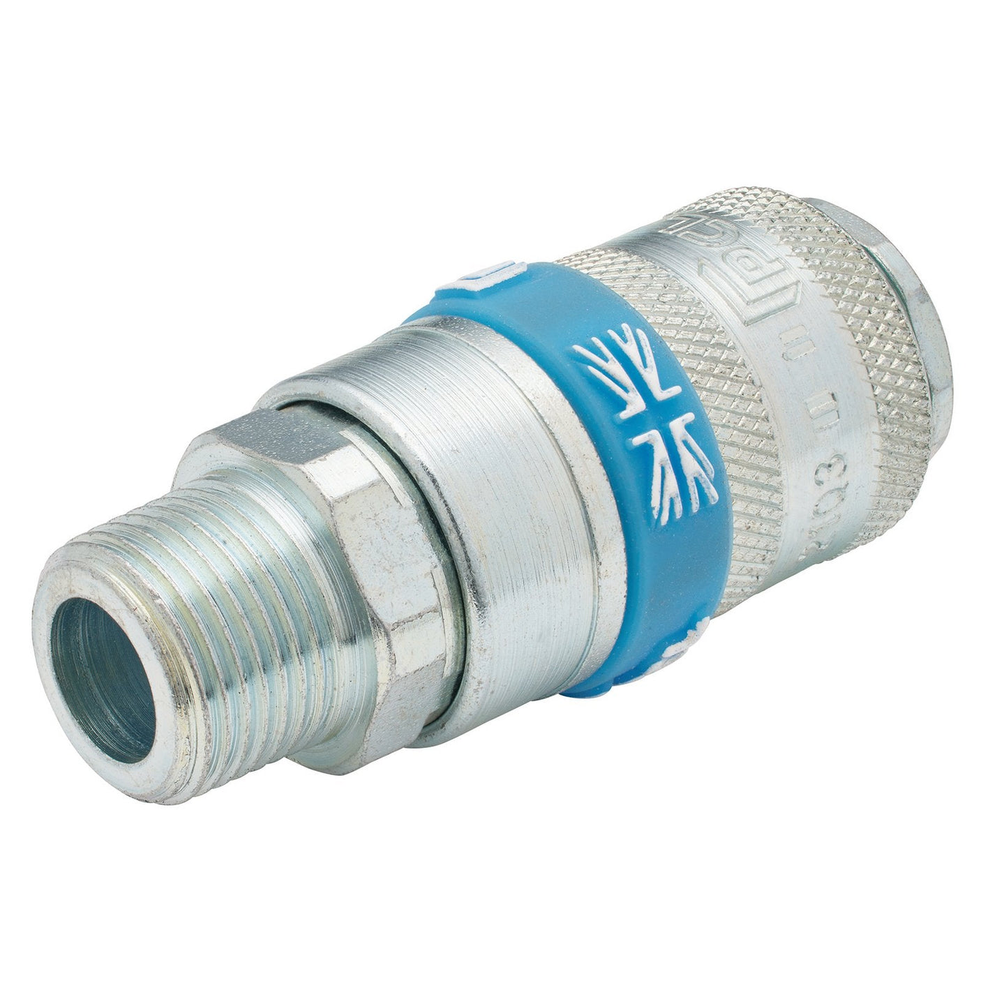 The Draper 3/8" Male Thread Pcl Tapered Airflow Coupling (A21EM02 BULK) is a metallic pneumatic quick-connect coupling with a threaded male end and a blue band embellished with two white Union Jack symbols around the circumference, specifically designed for compressed air applications to ensure maximum airflow rate.