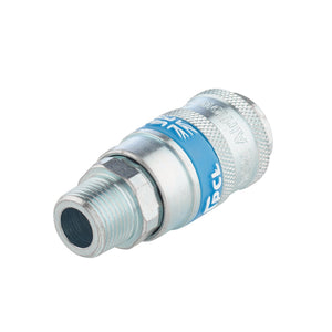 Close-up of a Draper 3/8" Male Thread Pcl Tapered Airflow Coupling - A21EM02 PACKED with blue and silver coloring, showing the threaded end and coupling mechanism, ideal for compressed air applications.