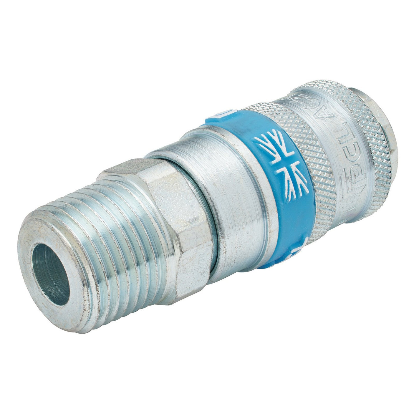 A detailed close-up of the Draper 1/2" Male Thread Pcl Tapered Airflow Coupling (Sold Loose) - A21JM02 BULK, showcasing its metallic connector with a blue band and markings, as well as threaded and grooved sections for secure attachment, making it ideal for compressed air applications.