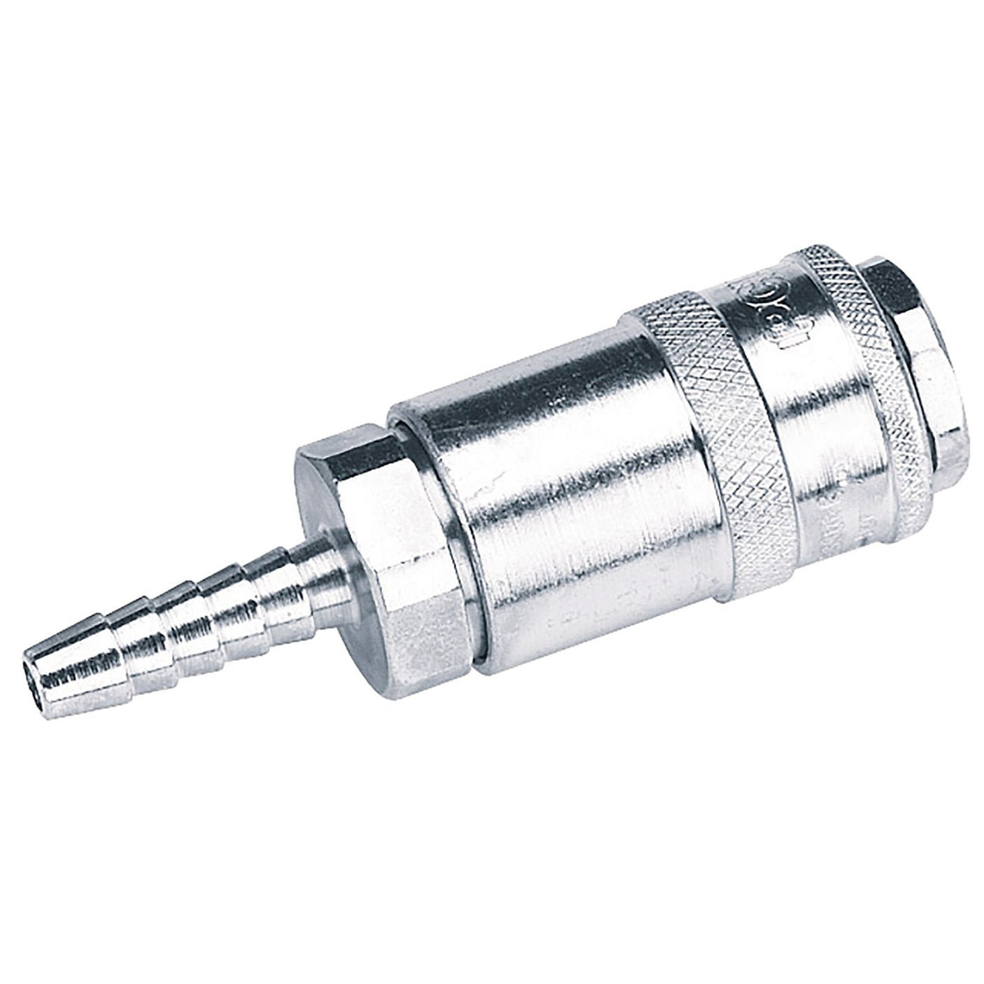 The Draper 1/4" Thread Pcl Coupling With Tailpiece (Sold Loose) - A21RO2 BULK, a silver metal hose connector featuring a threaded end and multiple ridges for secure attachment, is ideal for compressed air applications requiring maximum airflow rate.