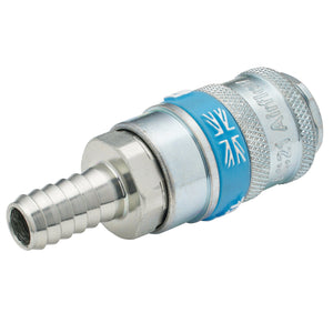 The Draper 3/8" Thread PCL Coupling with Tailpiece (Sold Loose) - A21TO2 BULK is a metal pneumatic quick connect fitting that features a blue band and engraved markings. It includes a barbed end designed for hose attachment, ensuring maximum airflow rate in compressed air applications.