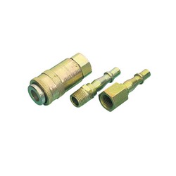 Three pieces from the Draper 1/4" Pcl Bsp Air Line Coupling Set (3 Piece) - ACK2 (3.8) are displayed horizontally on a white background. The set includes one larger cylindrical coupling and two narrower adaptors, each featuring different threaded and non-threaded ends.