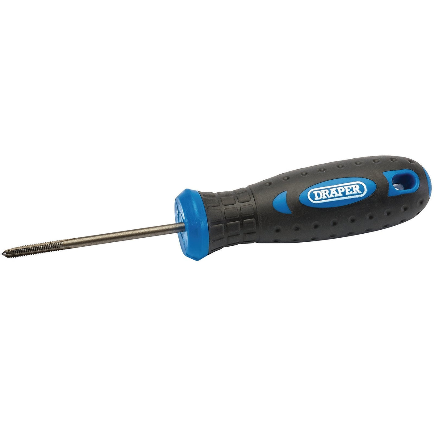 A re-threading tool labeled "Draper" with a black and blue handle, made from high-speed steel for long-lasting durability.