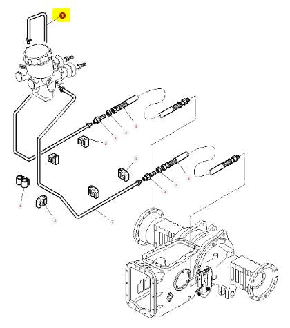 Exploded view diagram of the AGCO Hydraulic Tube - 3807732M92 mechanical assembly, featuring labeled components, hydraulic tubes, and lines illustrating connections. This design guarantees optimal performance under extreme temperatures and a wide range of pressures.