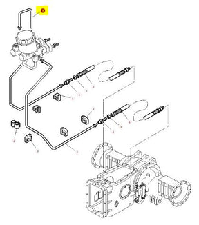 Exploded view diagram of the AGCO Hydraulic Tube - 3807732M92 mechanical assembly, featuring labeled components, hydraulic tubes, and lines illustrating connections. This design guarantees optimal performance under extreme temperatures and a wide range of pressures.