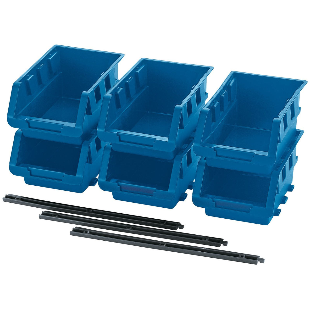 Six medium-sized Draper plastic storage bins from the SBB1 set are stacked on top of each other, with three black metal dividers placed in front, making them perfect for optimizing garage storage.