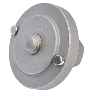 Draper Citroën/Renault Brake Piston Wind-Back Tool - CWBT: A round, gray metal mechanical component featuring a raised central section, two smaller cylindrical protrusions, and the number "20" engraved on its surface. Ideal for use in calipers on Renault or Citroën vehicles.