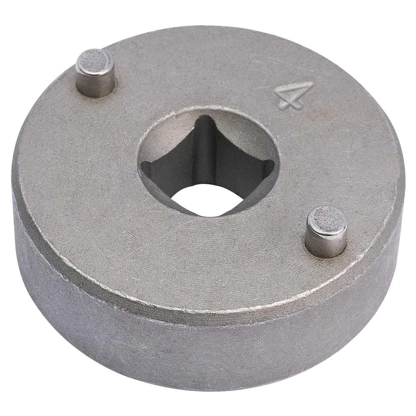 The Draper Renault Clio Brake Piston Wind-Back Tool - CWBT is a round carbon steel tool featuring a central square hole and two small cylindrical pins on the top surface, making it ideal for working on Renault Clio calipers.