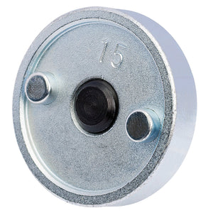 The Draper Peugeot Brake Piston Wind-Back Tool - CWBT is a round carbon steel disc featuring two protruding metal pins and the number "15" engraved on its face, specifically designed for use with Peugeot 206 calipers.