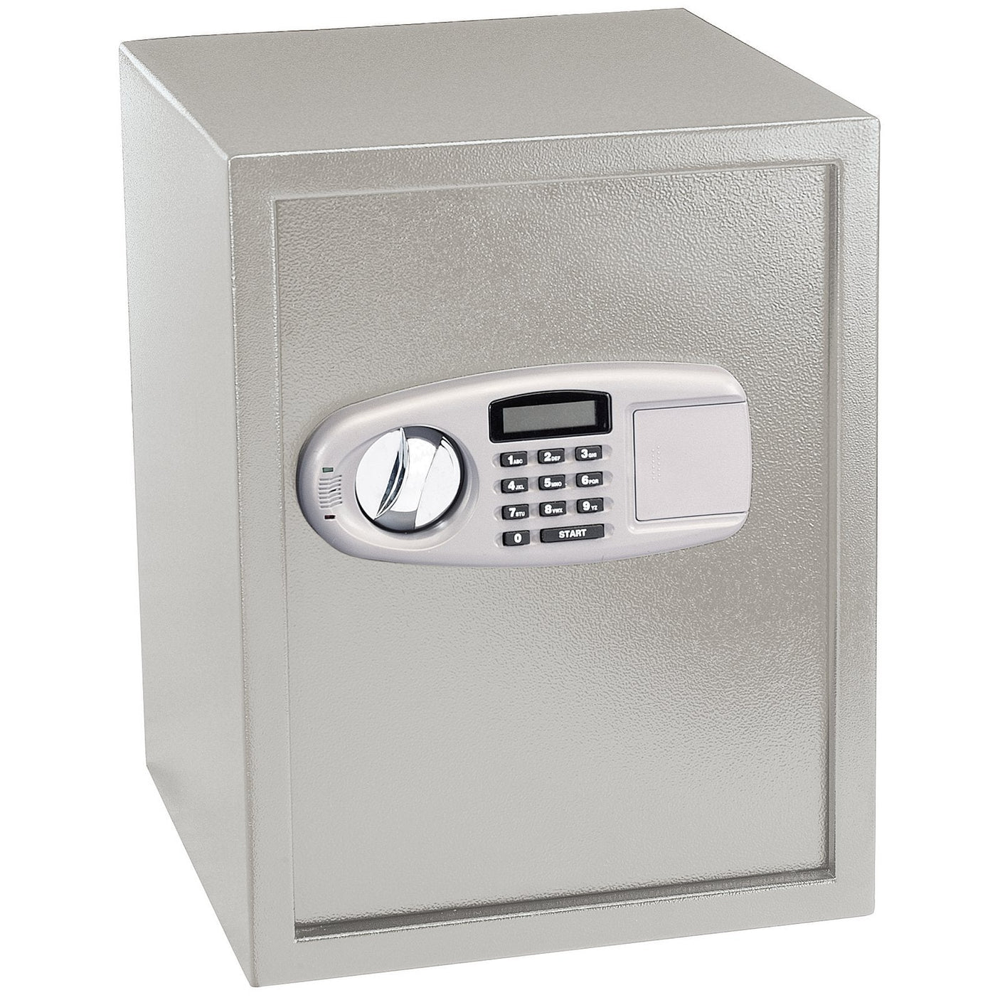 A Draper Electronic Safe, 44L - SAFE14, is a rectangular solid steel safe in gray, featuring an electronic keypad and a sturdy rotary handle on the front.