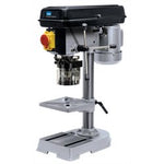 The Draper Storm Force® 5 Speed Bench Drill, 350W - D13/5DA, features a black and silver body, a yellow and red No-Volt safety release switch, and a sturdy metal base plate for stability.