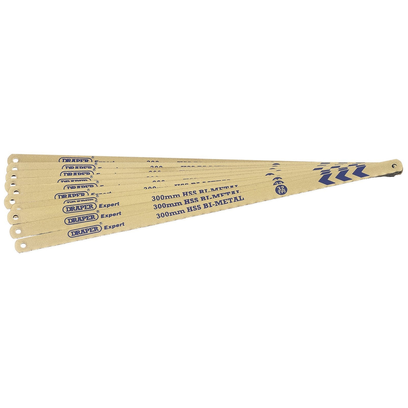 A pack of ten yellow 300mm Draper Bi-Metal Hacksaw Blades, each featuring a 32 teeth per inch (Tpi) design, electron beam welded construction, and clearly marked with the Draper brand and specifications.