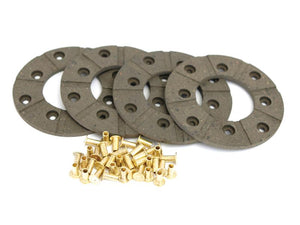 Four circular brake pads with multiple holes, accompanied by a pile of small brass fasteners and Sparex rivets, from the Brake Lining Kit Disc (OD 102mm), Sparex Part Number S.38268.