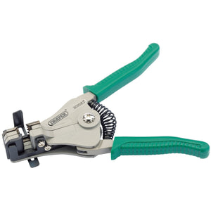 The Draper Automatic Wire Stripper, 0.5 - 2mm - 3000AT from Draper features a green handle, a metallic, spring-loaded mechanism, adjustable stripping blades, and automatic clamping action.