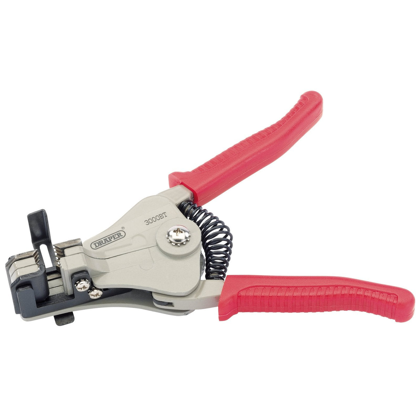 A pair of Draper Automatic Wire Strippers, 1 - 3.2mm - 3000BT, featuring red-handled end-cutting pliers with a spring mechanism for tension adjustment and spring-loaded grip handles for enhanced comfort.