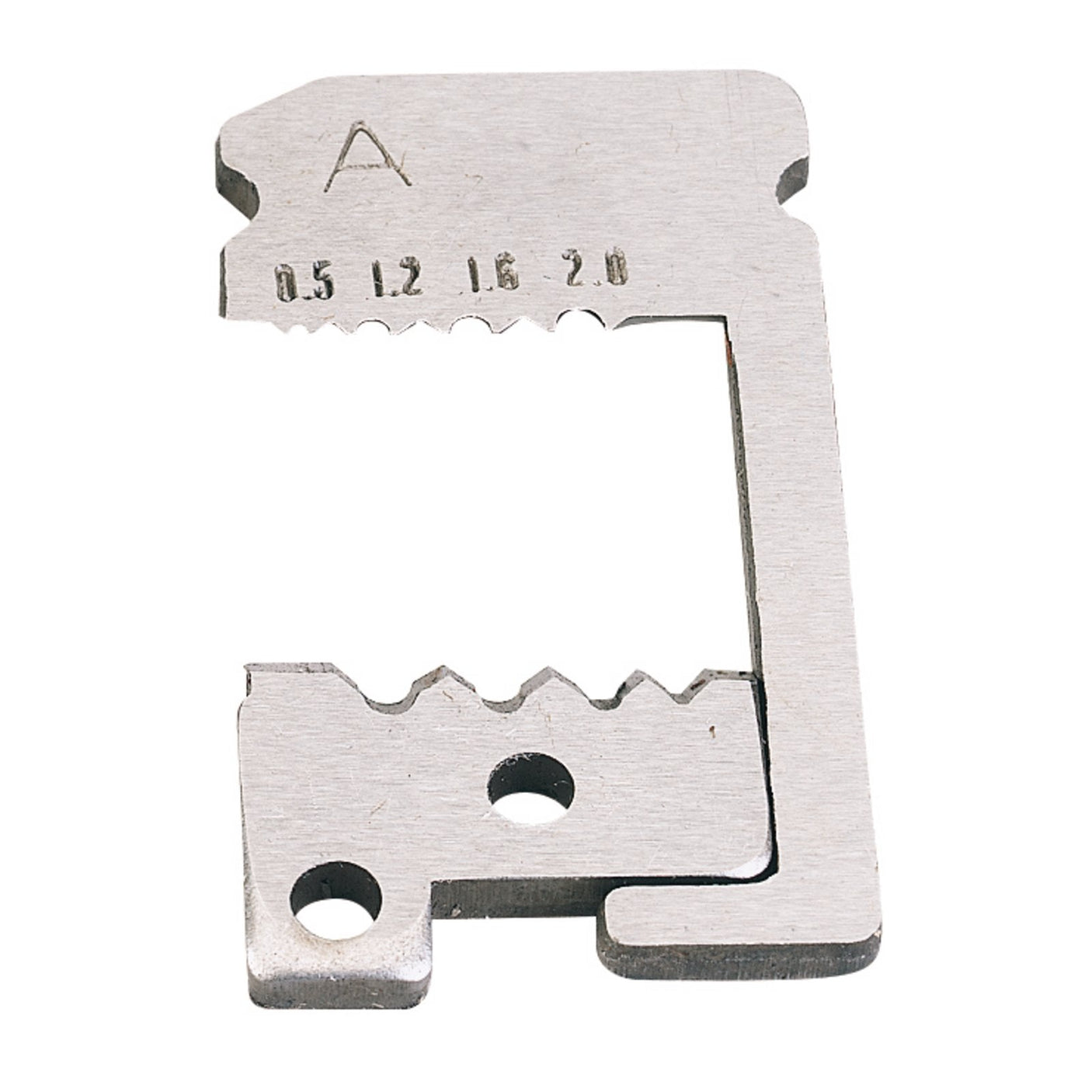 The Draper Automatic Wire Stripper Blade For 38274 - SB3000AT by Draper is a metal tool featuring a notched design with numerical markings (0.5, 12, 16, 20) on one side and two circular holes near the base.