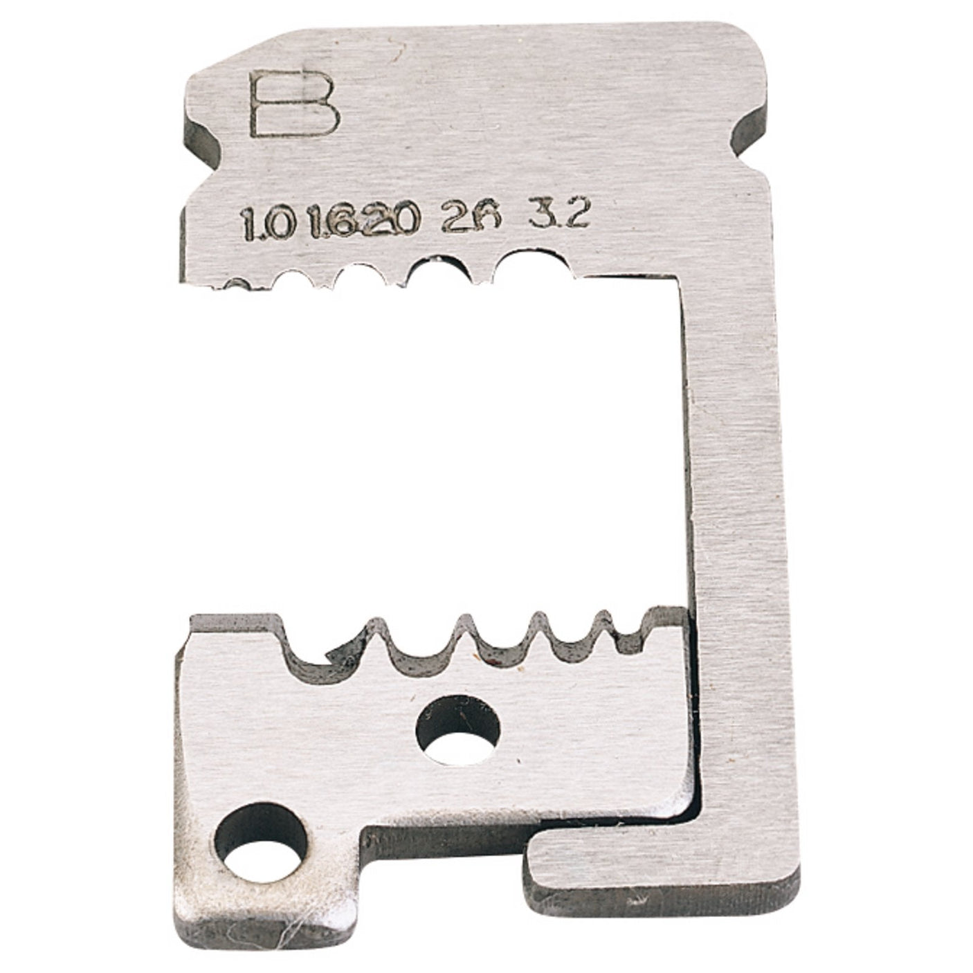 The Draper Automatic Wire Stripper Blade For 38275 - SB3000BT, by Draper, is a metal component that includes two sets of irregular teeth. It features a stamped "B" at the top and two holes in the bottom section, with numeric notations "1.01620 26 3.2" engraved in the center.
