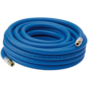 The Draper Air Line Hose, AH10M6, is a coiled blue rubber hose with zinc plated fittings at both ends, featuring text along its length and meeting BS EN ISO 5774 Specifications.