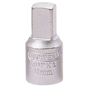 A silver 11 mm socket adapter tool, known as the Draper Square Drain Plug Key, is made of durable chrome vanadium steel and features a 3/8" square drive end. Engraved with "Draper DDPK3 11mm" on its side, this tool is ideal for tasks like working on Ford back axles and gearboxes.