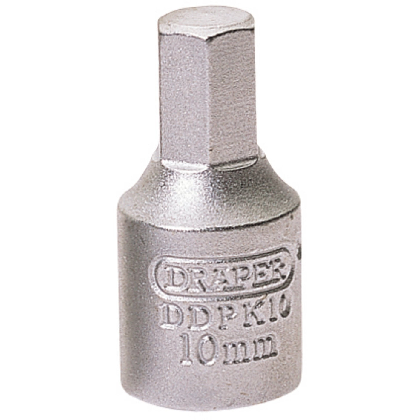 A Draper Hexagon Drain Plug Key with a 3/8" square drive end and a 10mm socket, made from hardened and tempered chrome vanadium steel, labeled "Draper" and "DDPK10".