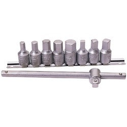 A Draper Drain Plug Key Set, 3/8" Square Drive (10 Piece) - DDPK/SET, featuring seven hex and square-head socket bits made from chrome vanadium steel, neatly arranged on a metal rail with a 3/8" square drive T-handle wrench below them.