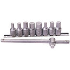 A Draper Drain Plug Key Set, 3/8" Square Drive (10 Piece) - DDPK/SET, featuring seven hex and square-head socket bits made from chrome vanadium steel, neatly arranged on a metal rail with a 3/8" square drive T-handle wrench below them.