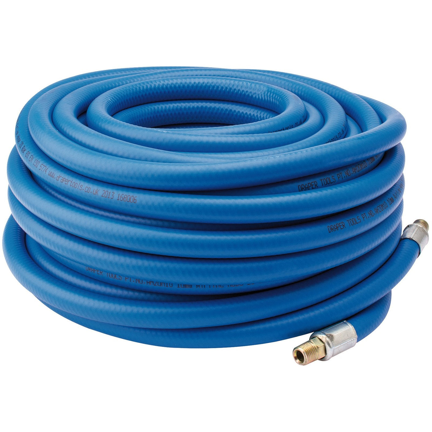 A 20-meter Draper Air Line Hose with a 3/8" (10mm) bore and 1/4" BSP zinc plated fittings on each end, suitable for various fluid transfer or gardening purposes.