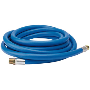 A coiled blue air line hose by Draper, 5 meters in length with a 13mm bore and 1/2" BSP metal connectors on both ends, designed for air flow, meeting BS EN ISO 5774 specifications.