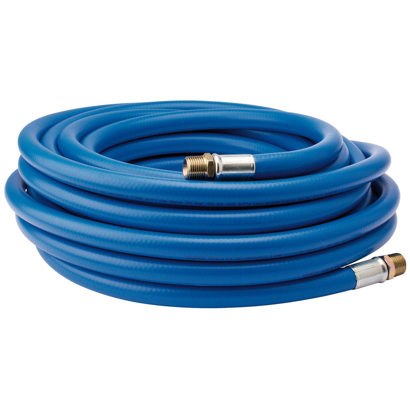 The Draper AH15M13 Air Line Hose, 15M long with a 1/2"/13mm bore and 1/2" Bsp zinc-plated fittings at both ends, meets the BS EN ISO 5774 Specifications.