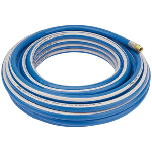 A 15-meter Draper Air Line Hose with a 10mm bore and a brass 1/4" Bsp connector, featuring a blue and white coiled design and oil-resistant properties.