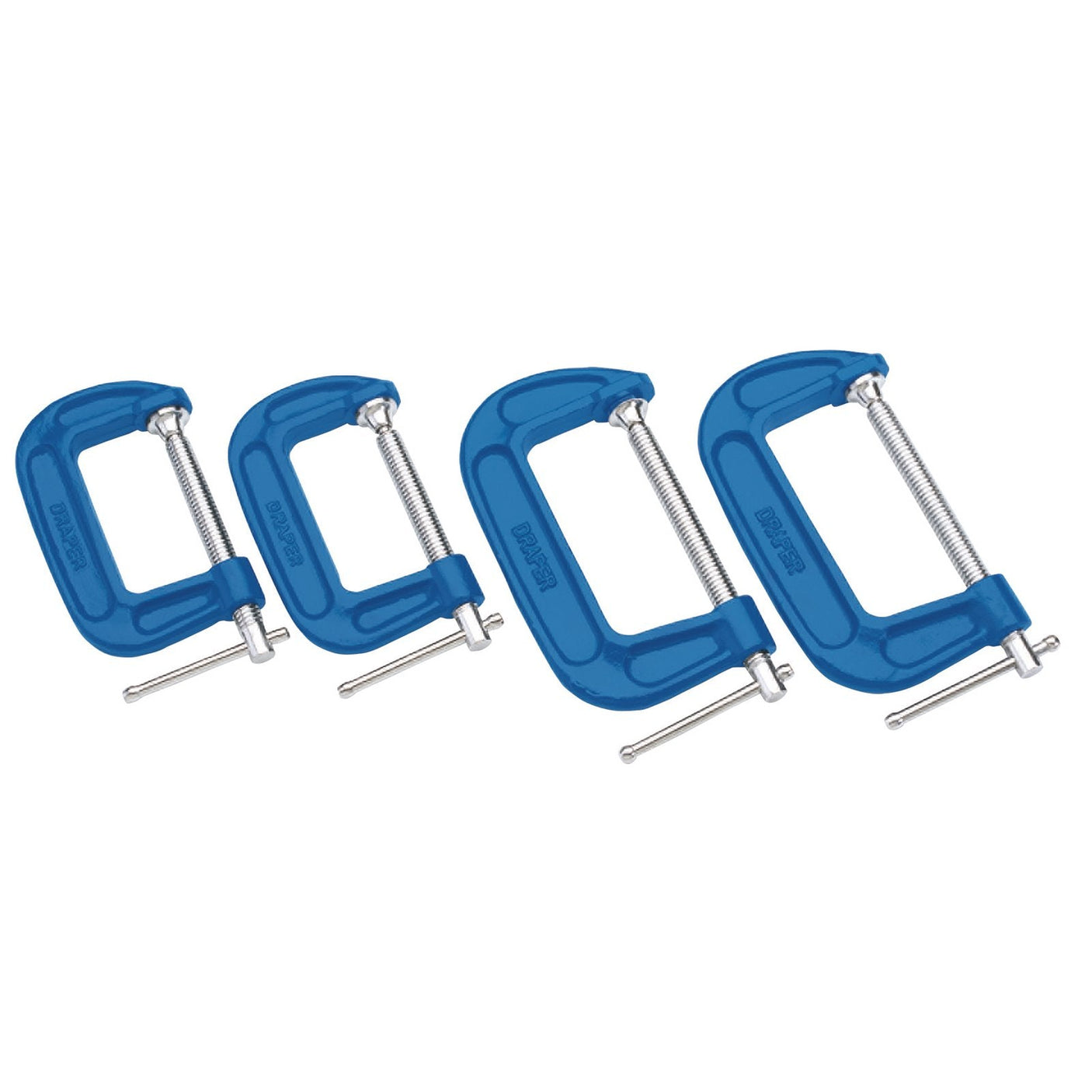 Four Draper C Clamp Set (4 Piece) - 391G/4, featuring malleable cast iron construction and square thread screws, are aligned in a row against a white background.