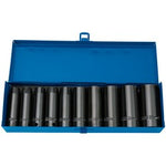 A blue plastic case containing ten Draper Expert Hi-Torq black socket wrenches, labeled with different sizes. The case is open, showing all chrome vanadium steel deep impact sockets neatly organized in a row.