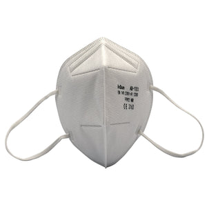 The Draper Ffp2 Fold Flat Mask (Pack Of 5) - FM/FFP2/5/M is a white KN95 disposable face mask that comes with ear loops and an adjustable nose clip. It features standard markings on the front and is designed for respiratory protection against toxic dusts.