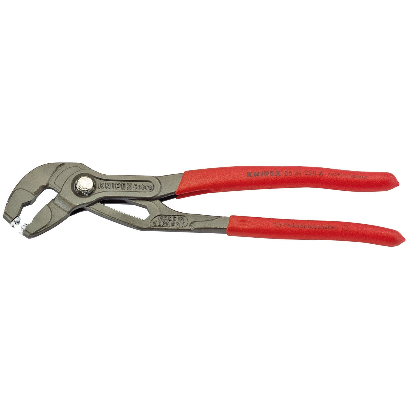 A pair of Draper Knipex 85 51 Hose Clamp Pliers, with adjustable jaws and red handles, perfect for handling spring band clamps.