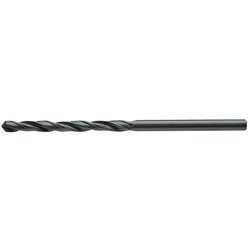 The Draper Hss Drill Bit, 5.0mm - H29MPB, a black metal twist drill bit with a straight shank and spiral flutes that meets ISO 235/1 standards, is positioned horizontally against a white background.