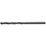 The Draper Hss Drill Bit, 5.0mm - H29MPB, a black metal twist drill bit with a straight shank and spiral flutes that meets ISO 235/1 standards, is positioned horizontally against a white background.