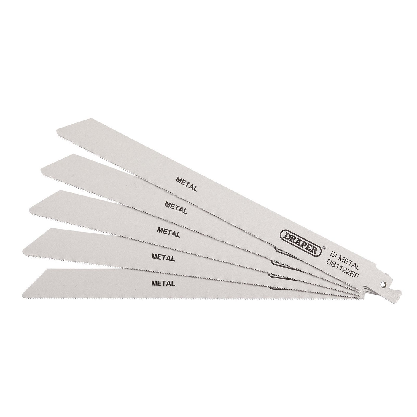 Five Draper Bi-Metal Reciprocating Saw Blades for Metal Cutting, 225mm, 18Tpi (Pack of 5) - DS1122EF arranged in a fan layout, labeled "METAL" on each blade, ideal for cutting through sheet metals with their flexible cutting design.