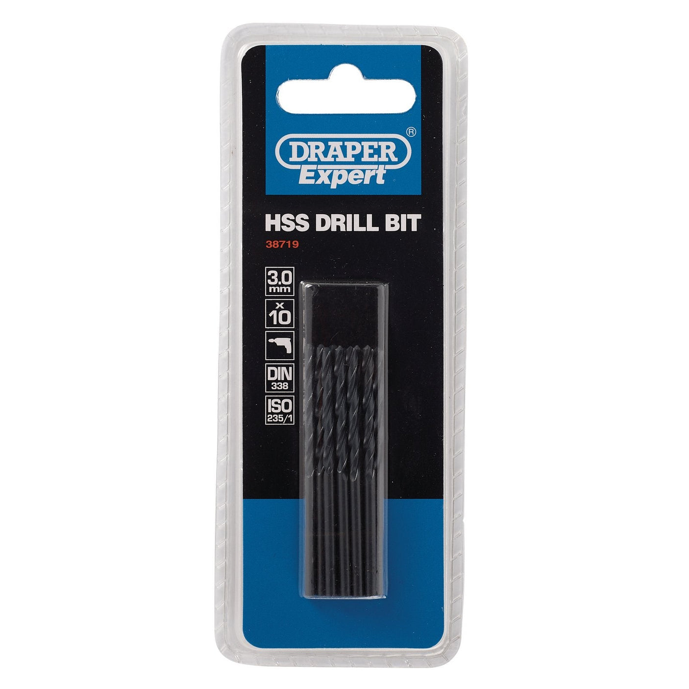 The Draper Hss Drill Bit set, product number H29MC, includes ten 3.0mm bits that comply with DIN338 standards and are presented in secure packaging.