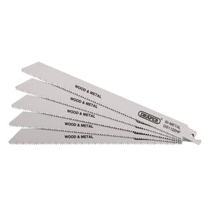 A pack of five Draper bi-metal reciprocating saw blades labeled "DS1122HF," designed for multi-purpose cutting at 225mm with 10Tpi, is perfect for handling projects that also involve inox metal cutting discs or working with angle grinders.