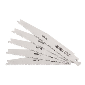 Five Draper Bi-Metal Reciprocating Saw Blades for Metal Cutting, 150mm, and 8-14Tpi (Pack of 5) - DS123XF are fanned out in a stack against a plain white background.