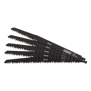 A set of five Draper Reciprocating Saw Blades for Wood Cutting (model DS1531L) arranged in a fan-like display. Made from high-carbon steel, the 240mm blades, marked with "HCS" and boasting 5 teeth per inch (Tpi), promise fast, efficient cutting.