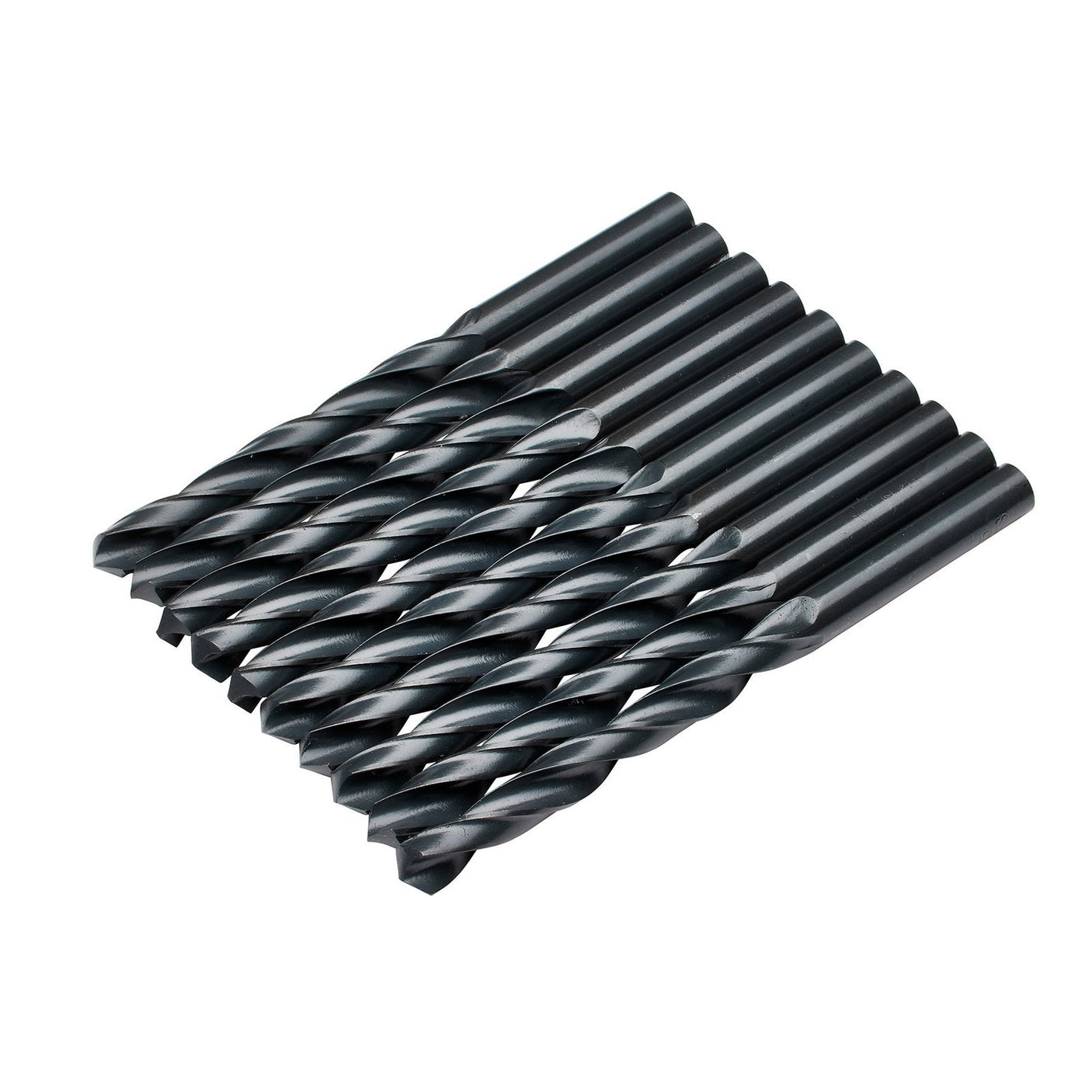 A pack of ten 8.5mm black HSS twist drill bits from Draper, arranged in a row and compliant with DIN338 standards, ideal for drilling holes into materials such as wood, metal, or plastic.