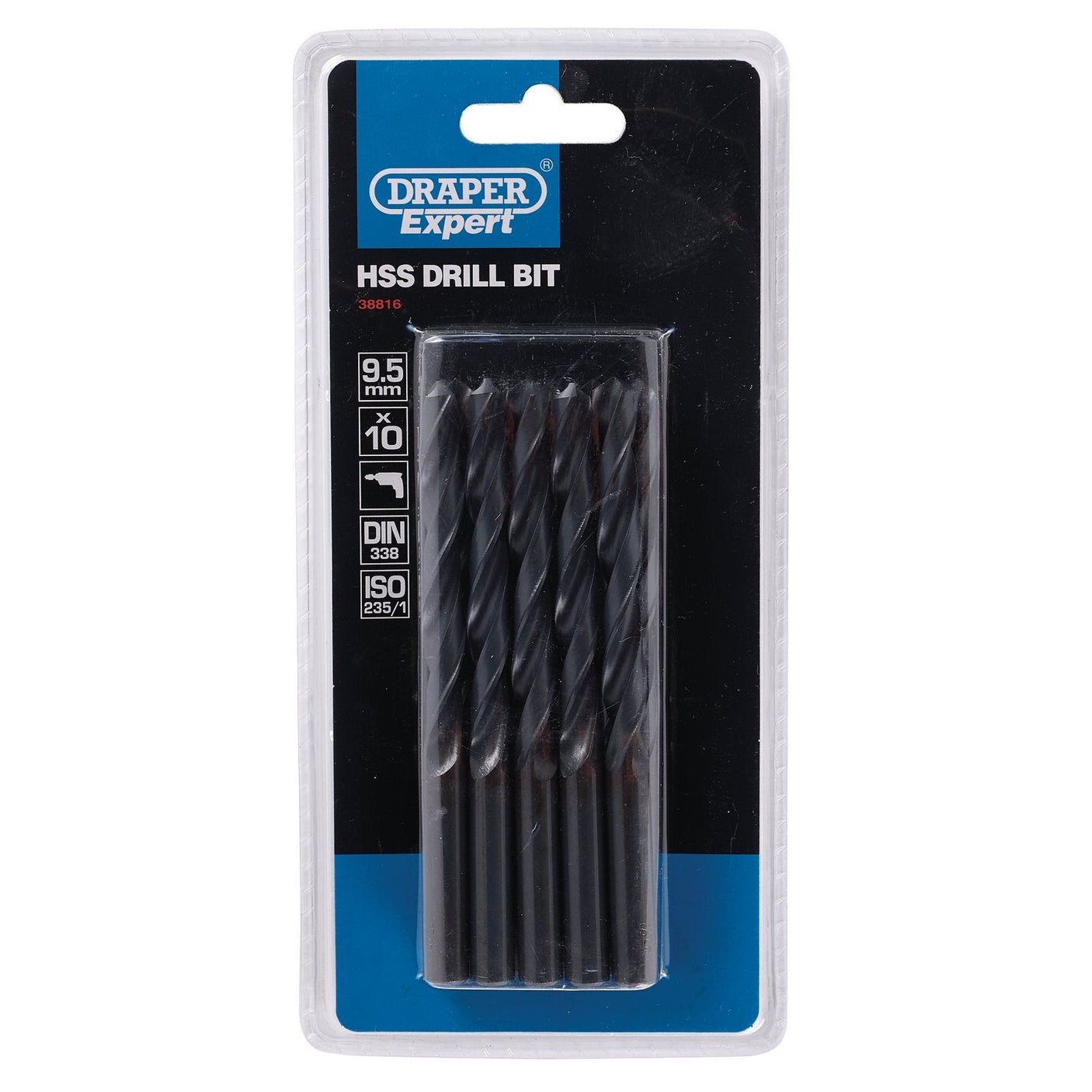 Pack of 10 Draper HSS drill bits, size 9.5mm (model H29MC), meeting DIN338 and ISO235/1 specifications, displayed in clear plastic packaging with a black and blue background.