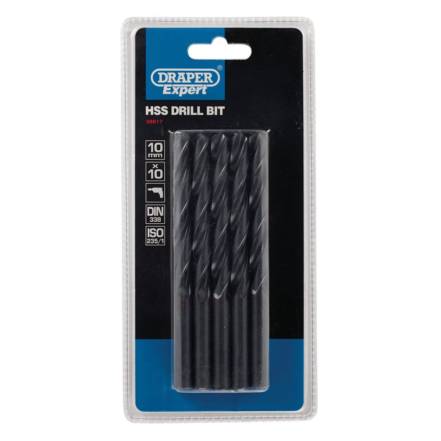 Pack of ten Draper HSS drill bits, 10.0mm size, in black, conforming to ISO235/1 specifications and DIN338 standards. Displayed in transparent plastic packaging with black and blue branding under the product code H29MC.