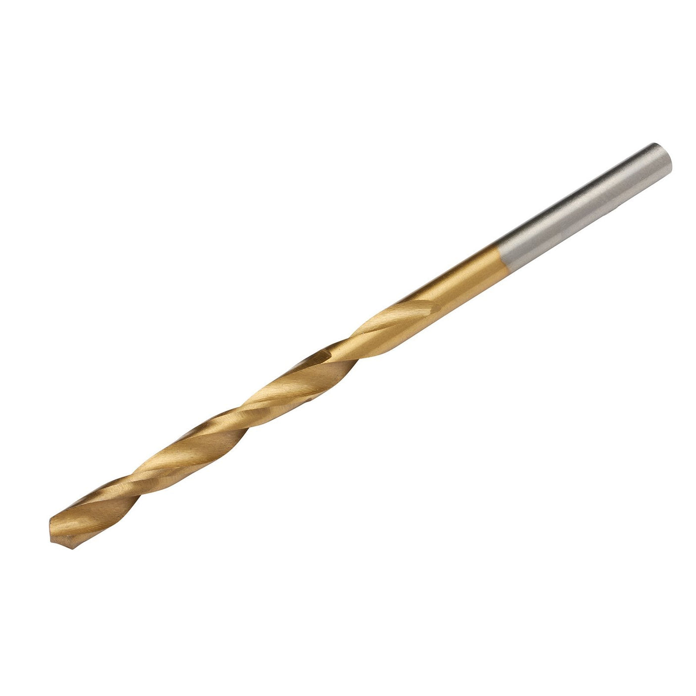 A Draper Hss Titanium Drill Bit, 3.2mm - TH29MC, featuring a gold-colored high-speed steel twist bit with a silver shank, isolated on a white background.