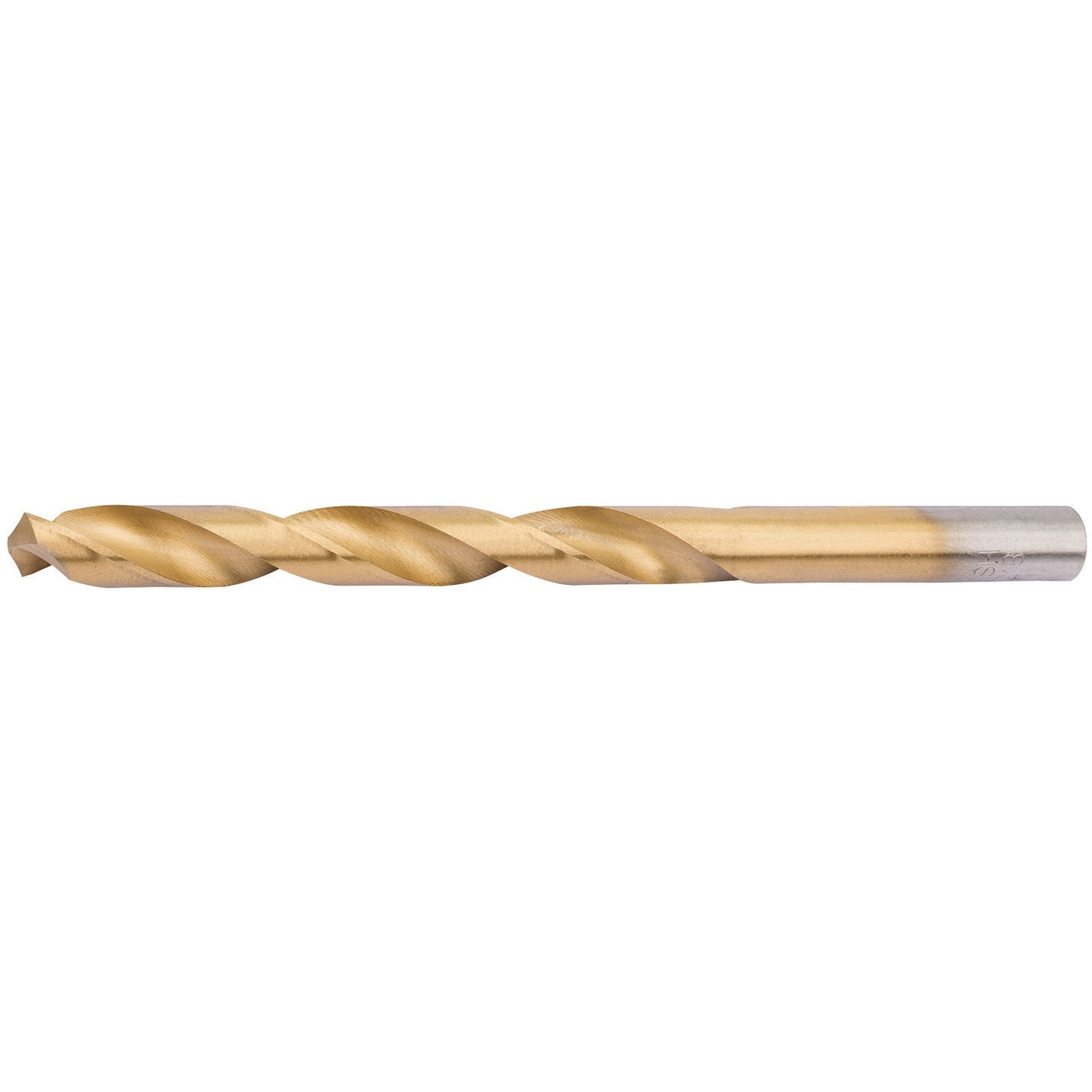 The Draper Hss Titanium Drill Bit, 8.5mm - TH29MC, featuring a gold-colored bit and a silver shank made from high-speed steel and coated in titanium, sits elegantly against a white background.